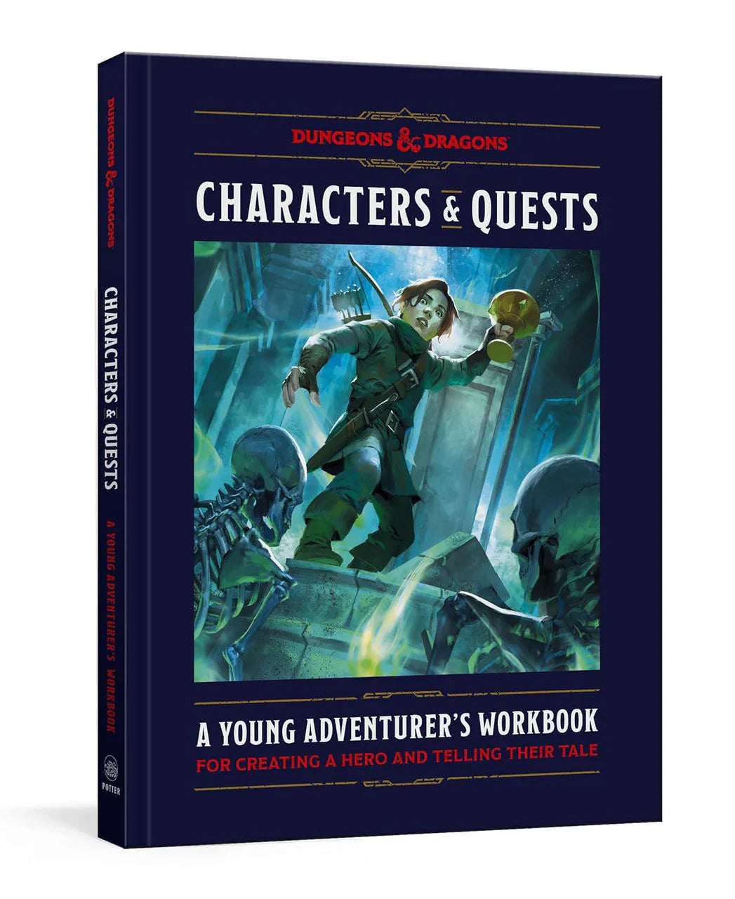 D&D Characters & Quests book cover with young adventurer, glowing object, and skeleton warriors.