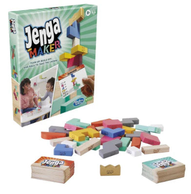 Jenga Maker - Jenga for Teams box with colorful blocks, cards, and crown included.