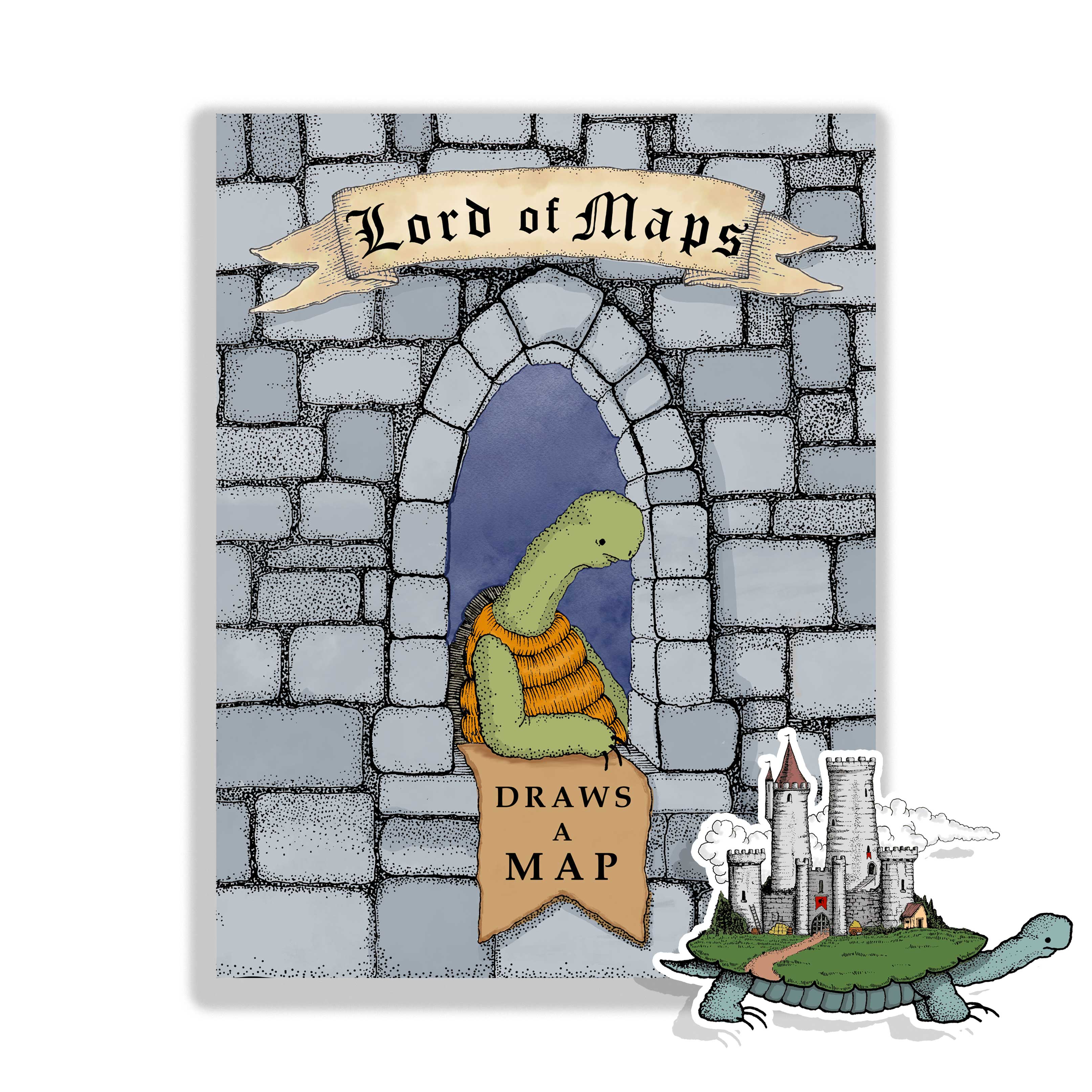 Lord of Maps: Draws a Map Book, kids’ map drawing book featuring a turtle holding a banner in a castle window.