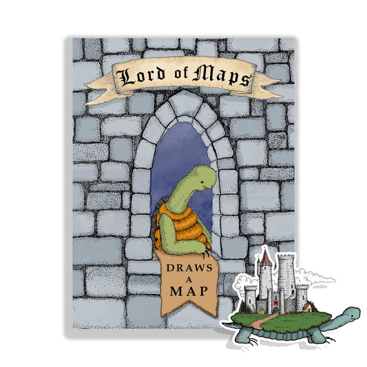 Lord of Maps: Draws a Map Book, kids’ map drawing book featuring a turtle holding a banner in a castle window.