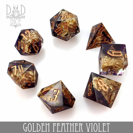 Set of 7 resin dice with gold feather inclusions and violet hues, Golden Feather Violet Handmade variant.