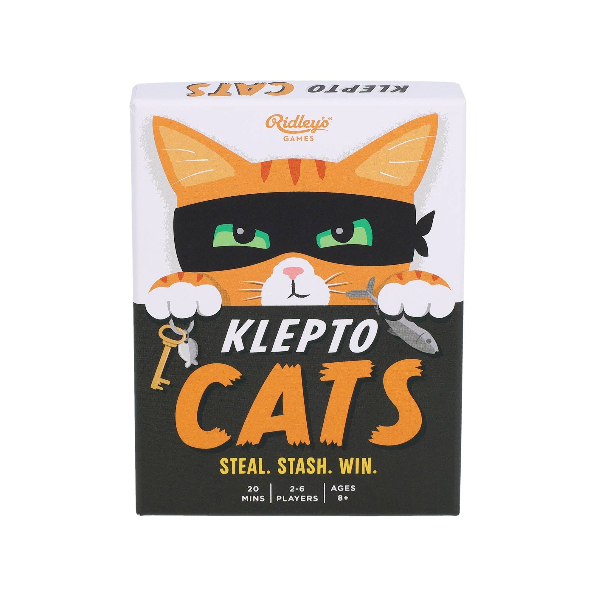 Klepto Cats strategy card game featuring a masked cat with a key and fish.