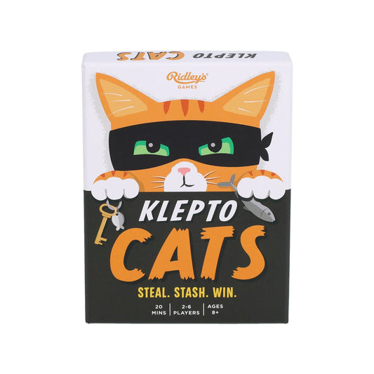 Klepto Cats strategy card game featuring a masked cat with a key and fish.