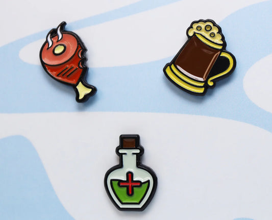 Mini Pins: Provisions Pack with meat leg pin, frothy beer mug pin, and potion bottle pin.