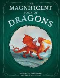 The Magnificent Book of Dragons book cover featuring a red dragon breathing fire on a green background.