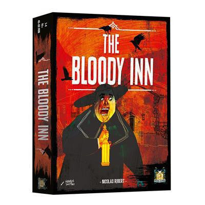 The Bloody Inn board game box with a shocked figure in dark clothes on a red background with black birds.