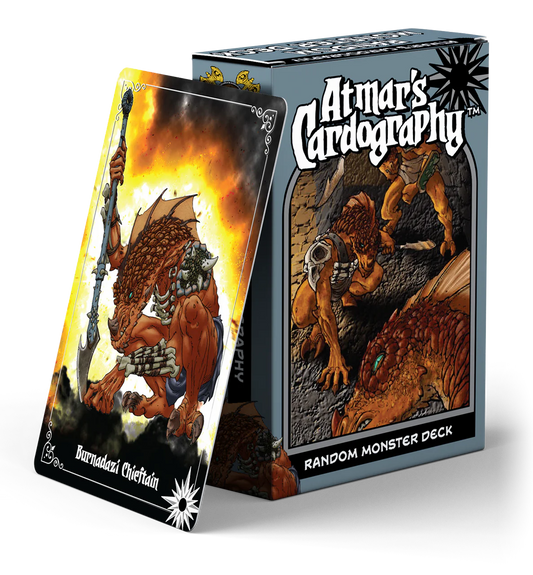 Cardography - Random Monster fantasy card deck box with a muscular lizard creature card.
