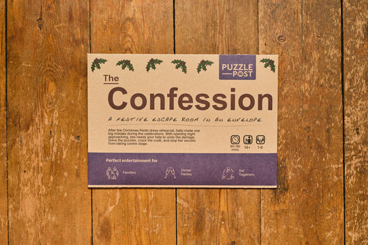 Cardboard envelope labeled Escape Room | Puzzle Game | Board Game | The Confession.
