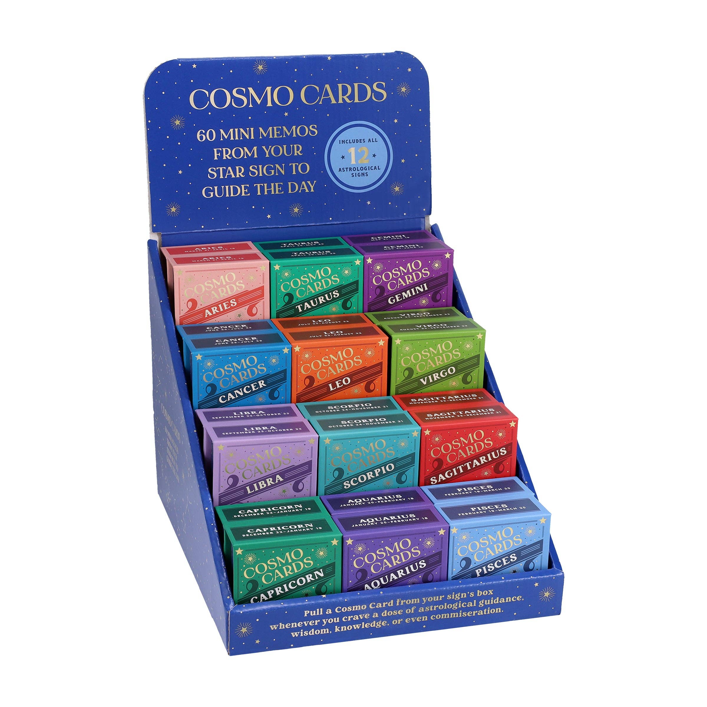 Cosmo Cards display box with 12 mini oracle decks, each representing a different zodiac sign.