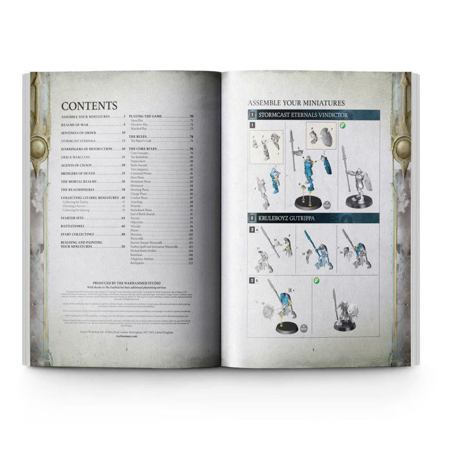 Getting Started with Age of Sigmar book open to contents page and assembly instructions for Citadel miniatures.