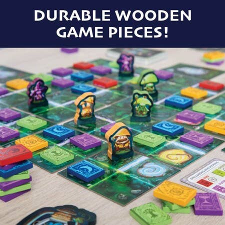 SEEKER OF SPELLS game with colorful wooden pieces, tiles, mushroom wizards, and spellbooks.