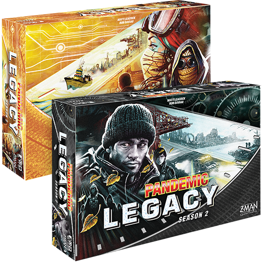 Pandemic Legacy: Season 2 Black Edition and Season 1 boxes.