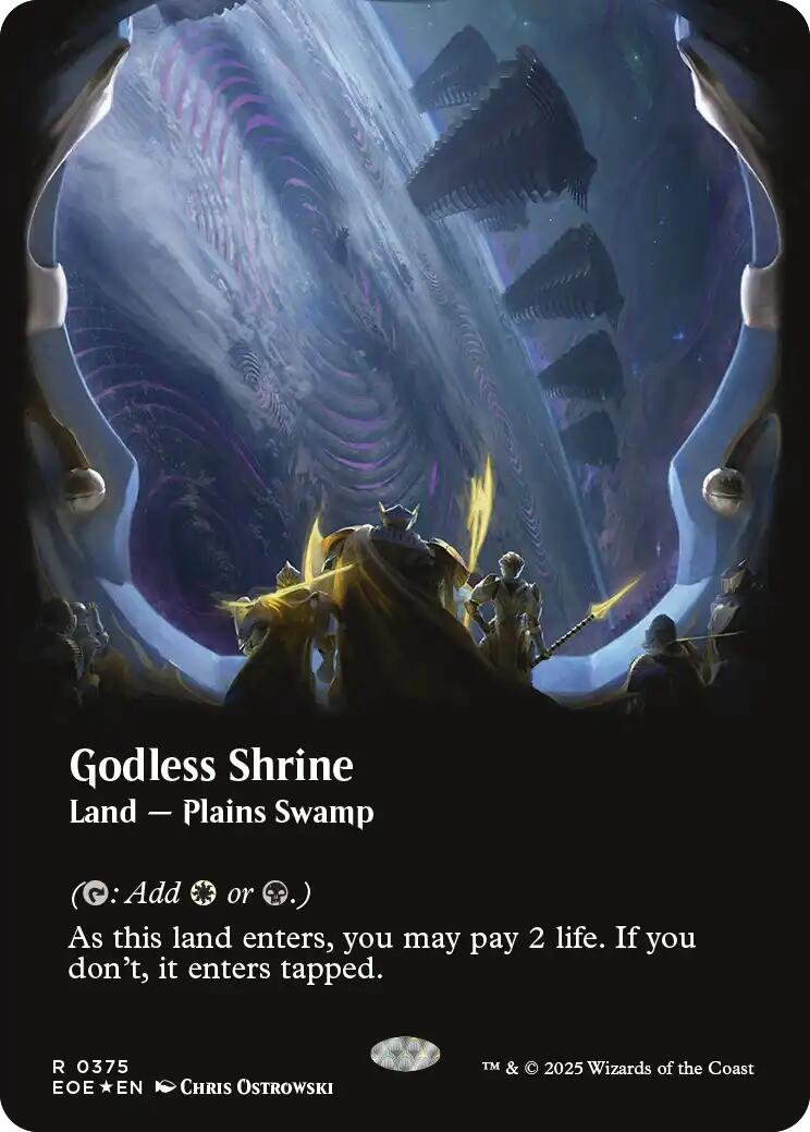 Godless Shrine (Borderless, Galaxy Foil) [EOE-375] Magic land card featuring Swamp, Plains, and armored figures.