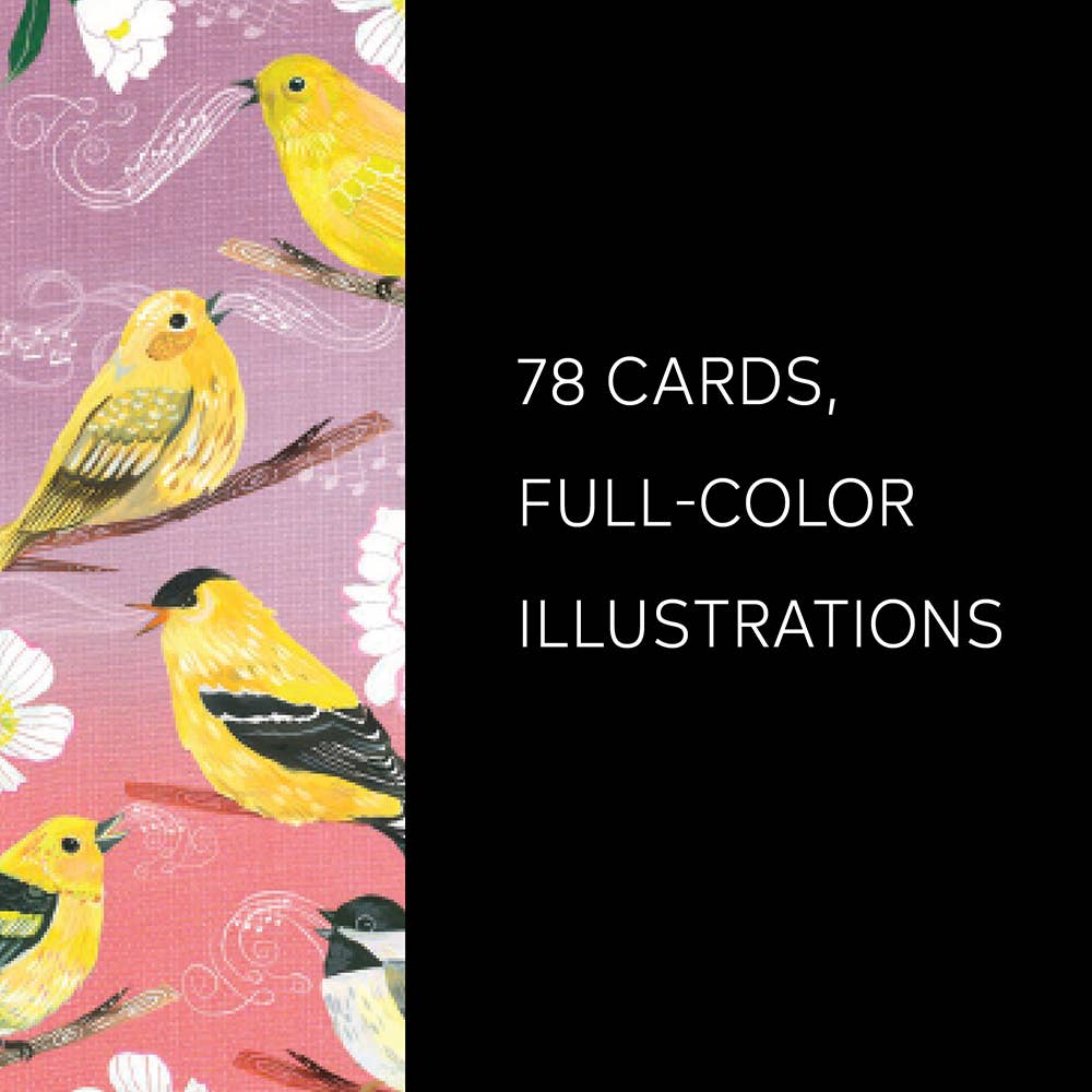 How to Be a Moonflower Deck, night-themed cards featuring yellow birds and nature art on black backgrounds.