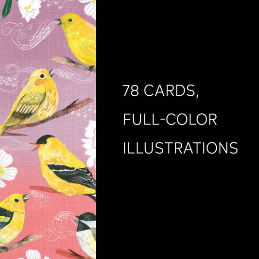 How to Be a Moonflower Deck, night-themed cards featuring yellow birds and nature art on black backgrounds.