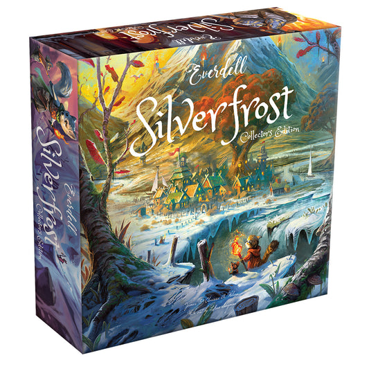 Everdell Silverfrost Collectors Edition box featuring snowy village, mountains, and forests on the cover.