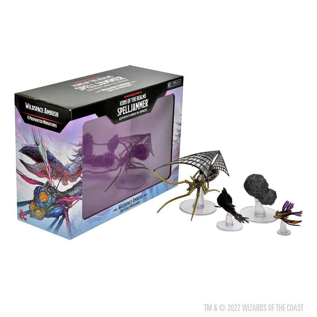 D&D: Icons of the Realms Ship Scale Widespace Ambush set with box and four fantasy miniatures in front.