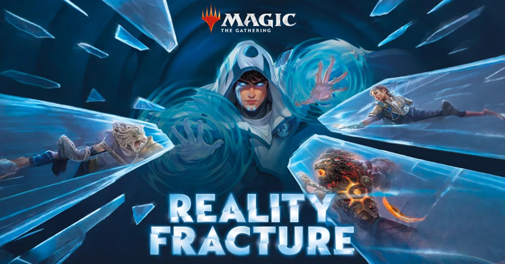 Friday Night Magic: Reality Fracture event details, featuring hooded mage breaking glass and trapped characters.