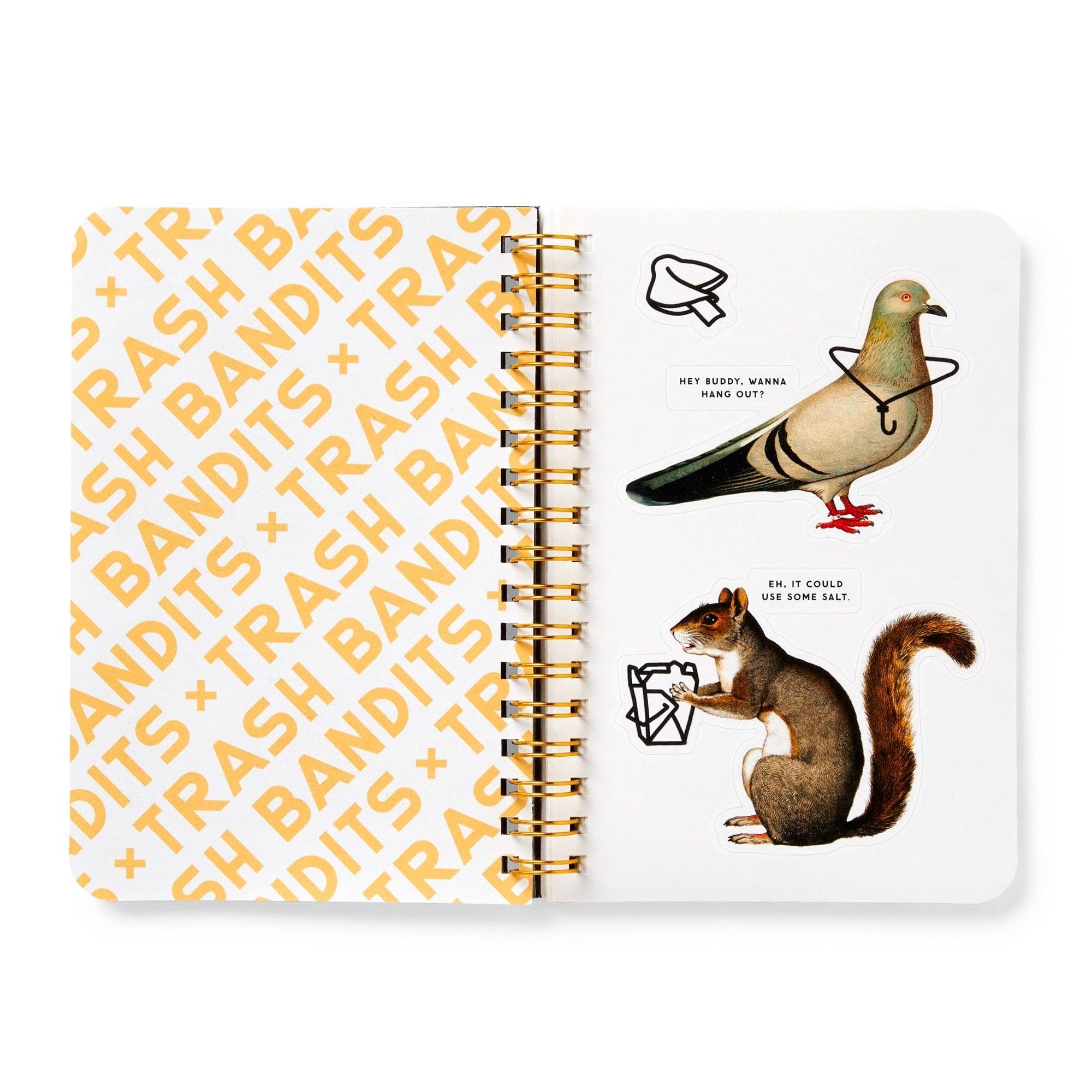 Brass Monkey Trash Bandits Sticker Book open, showing drawings of a pigeon and squirrel holding trash with speech bubbles.