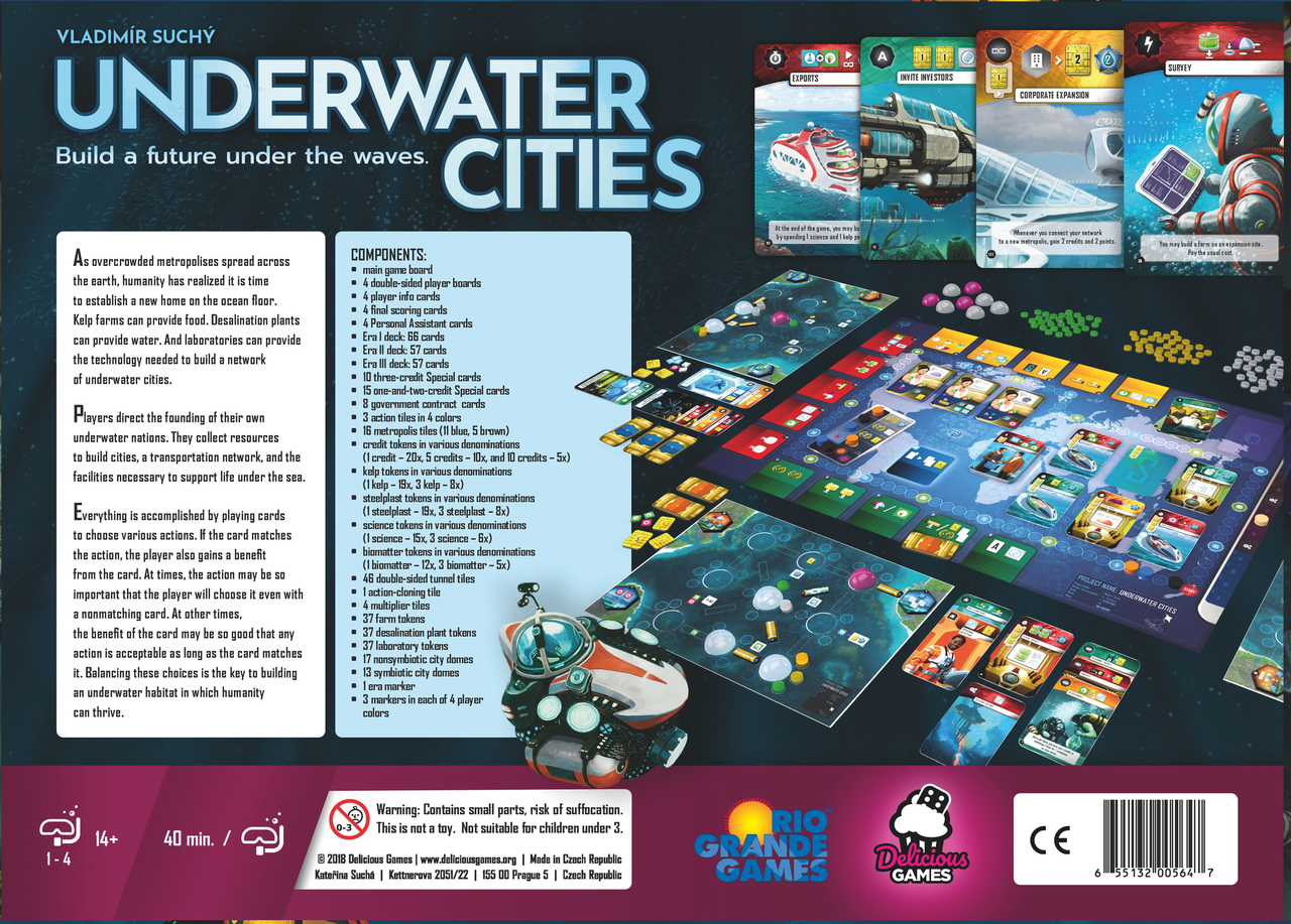 Underwater Cities board game box with city-building and strategy components shown.