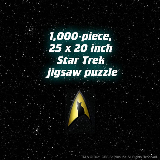 Star Trek Cats 1000-piece puzzle featuring badge and cat silhouette on starry background.