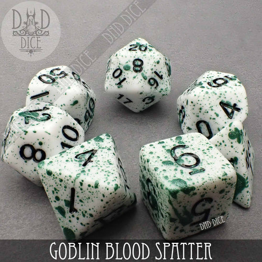 Set of six white acrylic dice with green splatter and black numbers, Goblin Blood Spatter (hand-painted) variant.