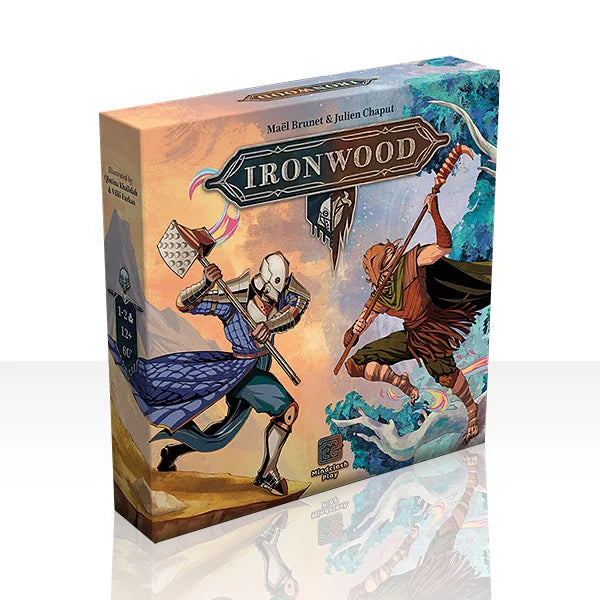 Ironwood board game box featuring Ironclad and Woodwalkers variants with two masked warriors on the cover.