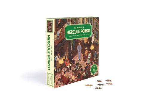The World of Hercule Poirot 1000 Piece Puzzle box with four puzzle pieces displayed in front.
