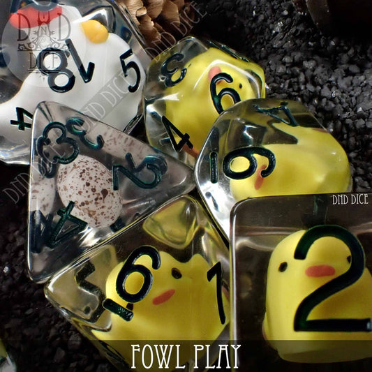 Fowl Play 8 Dice Set: Clear resin dice with yellow duckies and numbers inside.