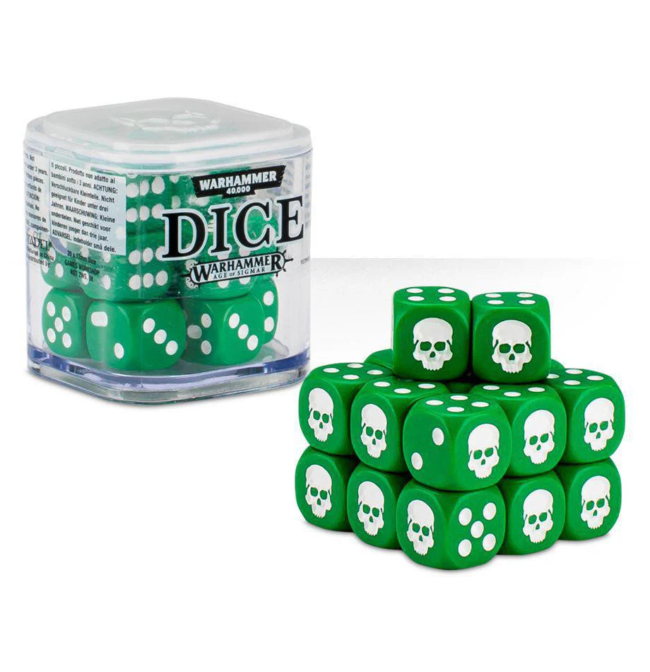Warhammer 12mm Dice Set - GREEN, stacked next to a clear plastic Warhammer 40,000 dice container.