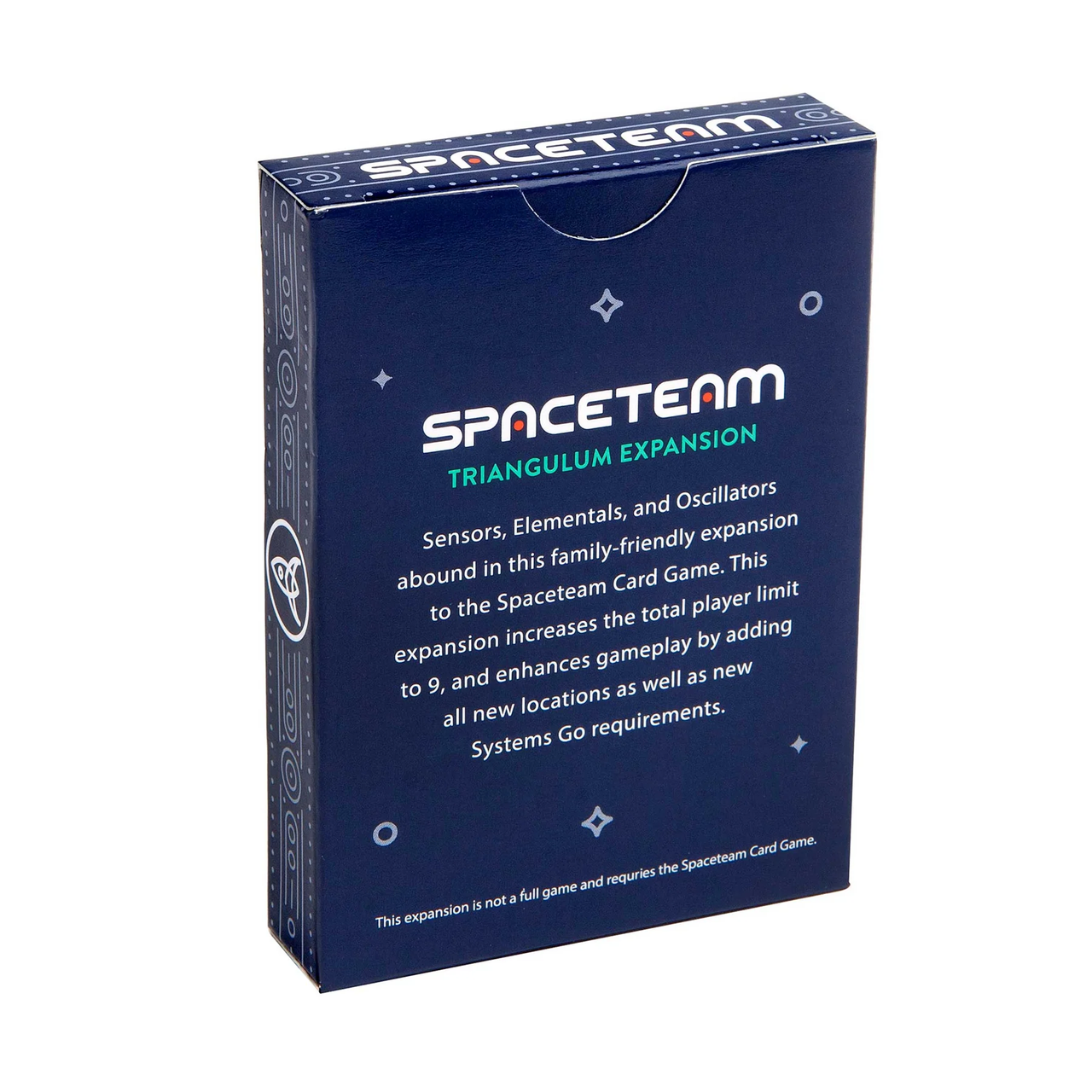 Spaceteam Triangulum Expansion blue box with white text listing the games features.