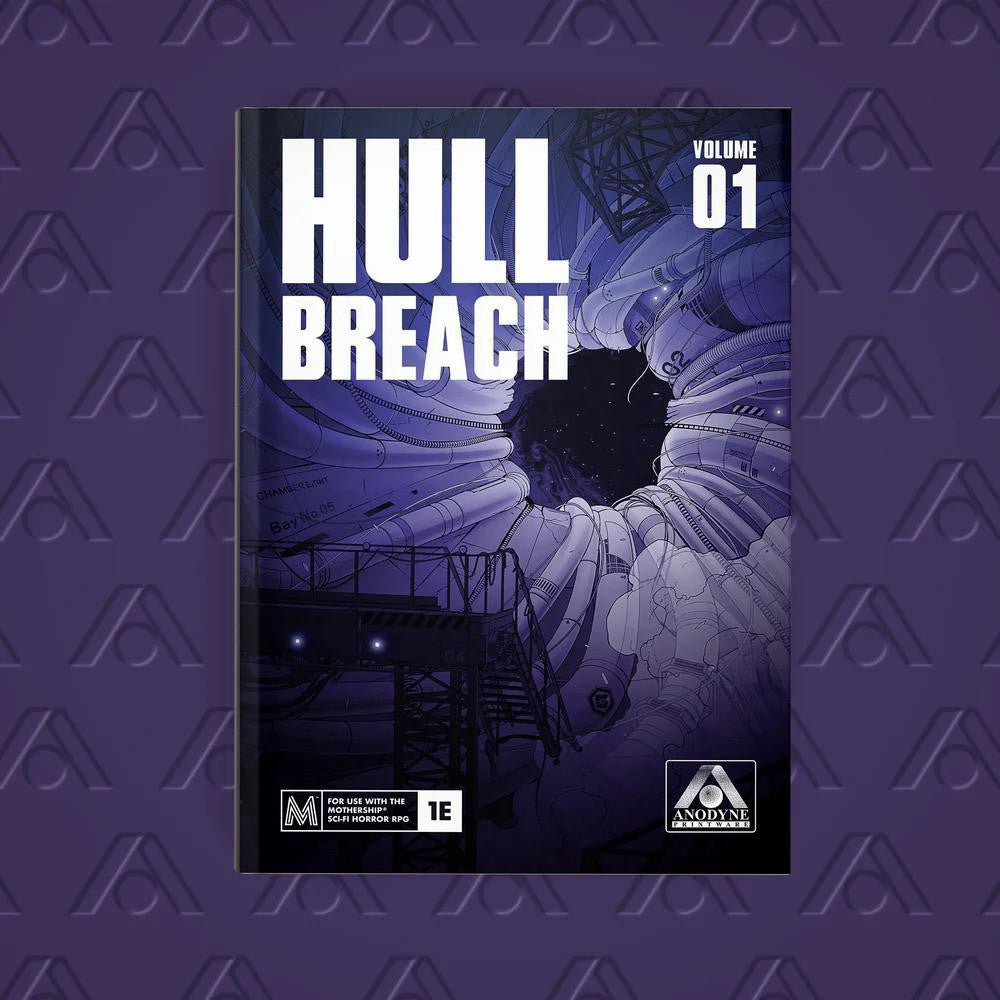 Hull Breach cover for Mothership 1e featuring a torn spacecraft hull and stars.