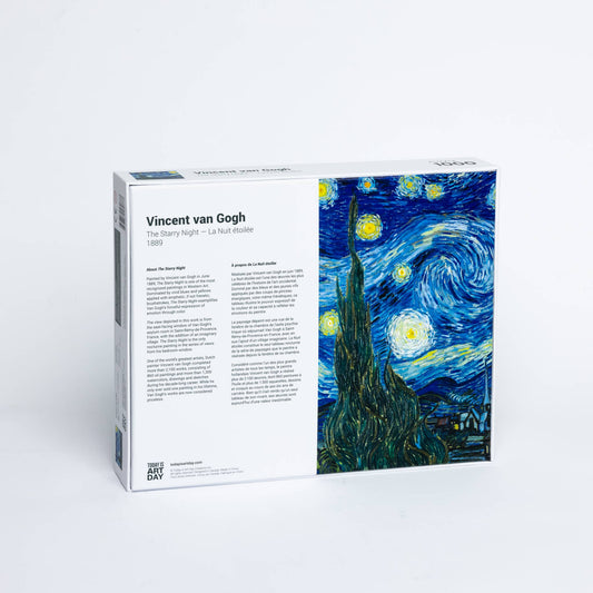 Back of 1000 piece Starry Night puzzle box showing artwork and painting description.