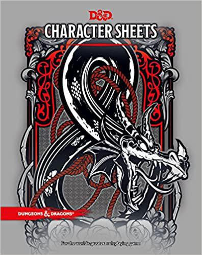 D&D 5th Edition Character Sheets with black dragon design and red and gray accents.