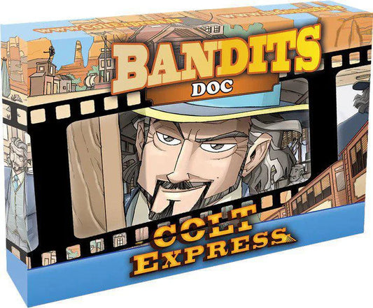 Colt Express Bandit Pack: Doc Expansion box with a mustached cartoon bandit wearing a cowboy hat on the cover.