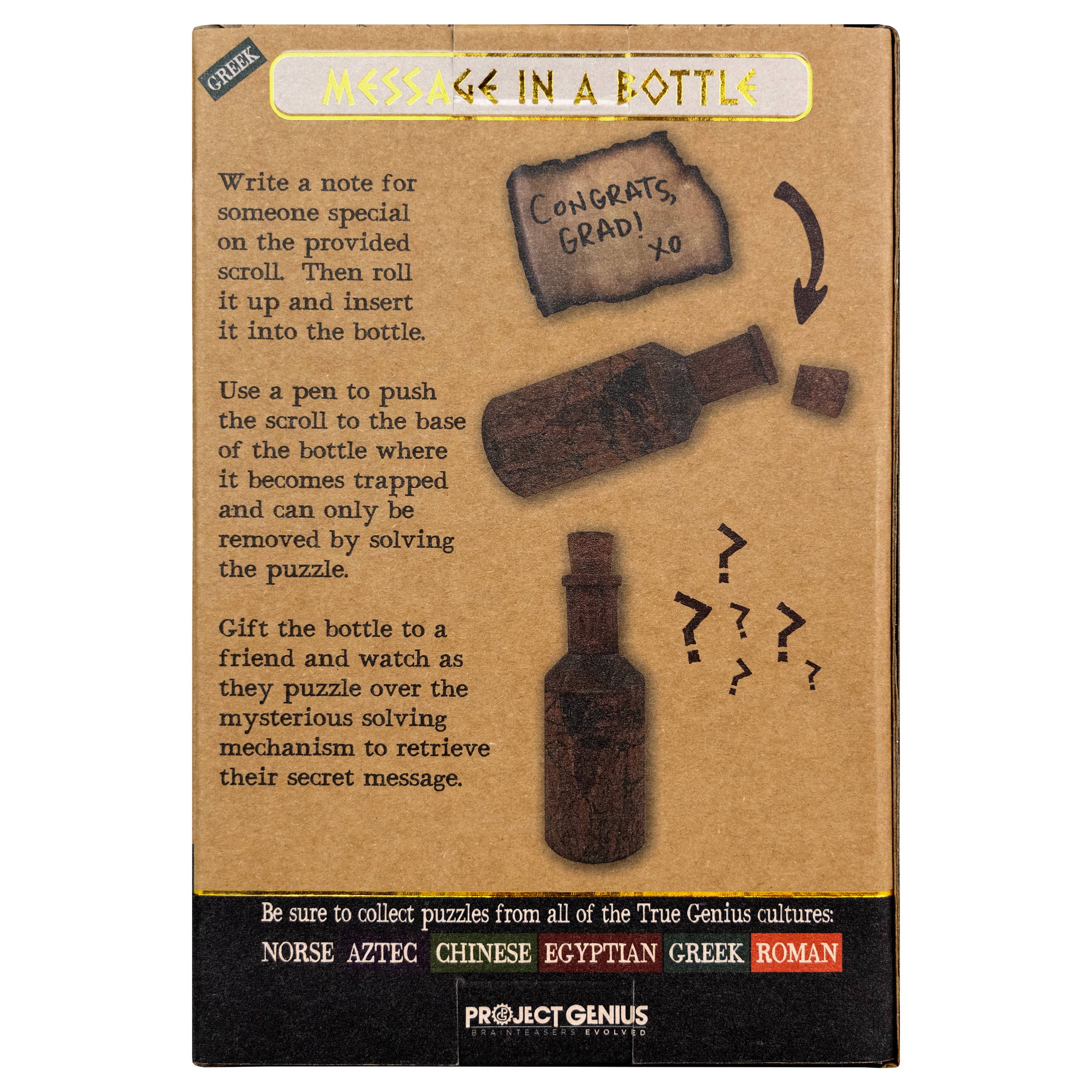 Front of Message in a Bottle - Secret Puzzle Box with illustrated bottles and gifting instructions visible on the front.