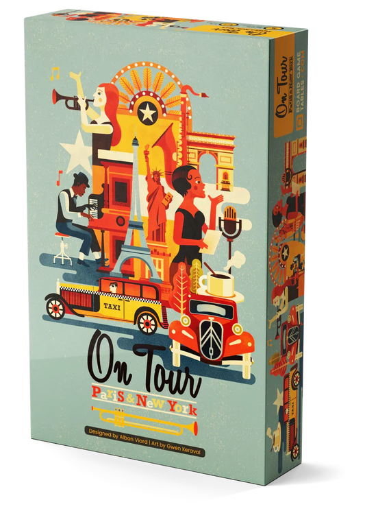 On Tour: Paris & New York game box displaying city landmarks and stylized characters.
