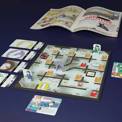 The Initiative cooperative board game with cards, character standees, game board, and illustrated rulebook.
