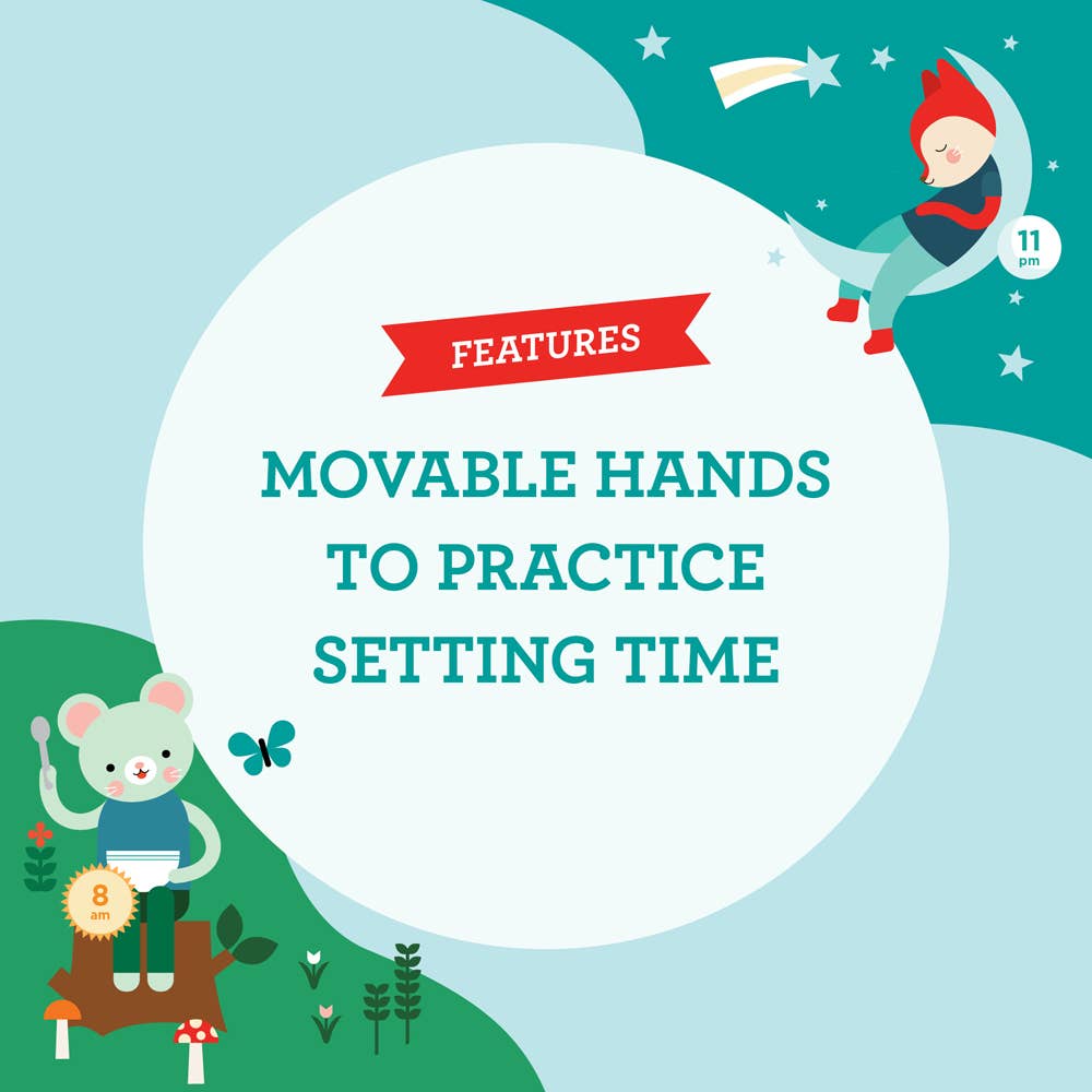 Telling the Time Floor Puzzle with cartoon mouse, clock, fox, and movable hands for learning to tell time.