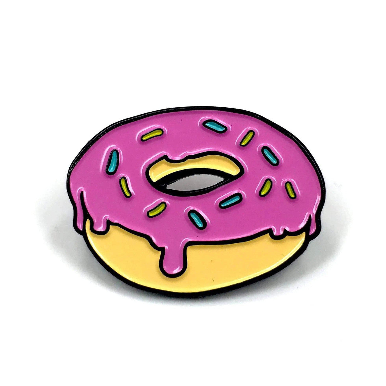 Kolorspun Pins Donut Enamel Pin featuring a cartoon donut with pink icing, sprinkles, and rubber backing.