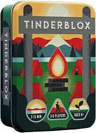 Tinderblox mint-tin dexterity game with campfire-themed packaging and icons for play time, player count, and age.