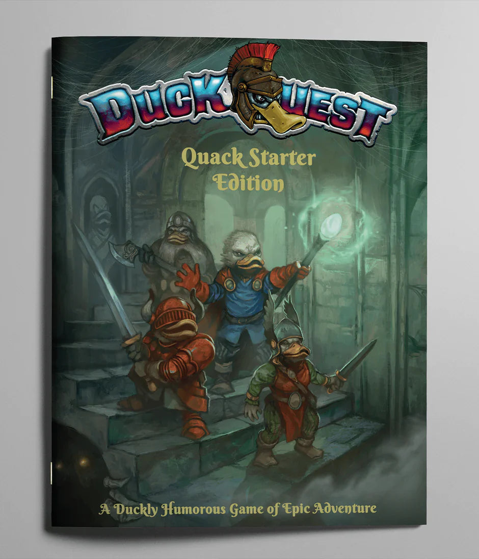 Duckquest starter edition roleplaying game cover showing armored ducks on stone stairs.
