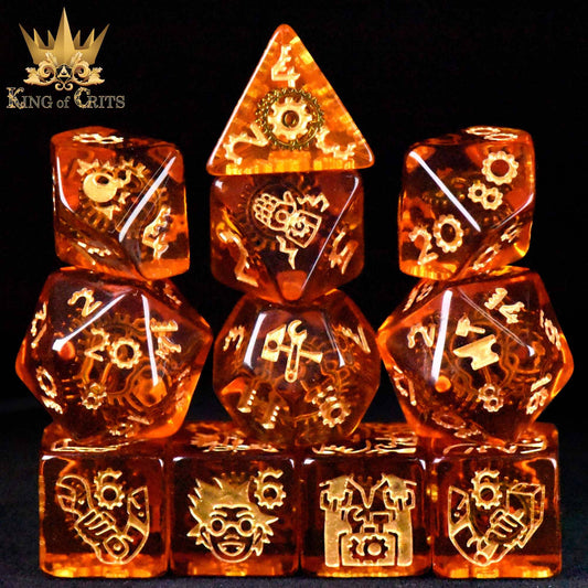 The Ancient Artificer 11 Dice Set with orange dice and gold steampunk gear designs.