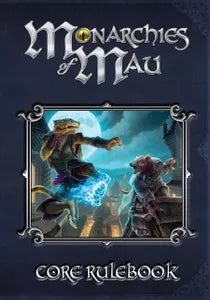 Monarchies of Mau Core Rulebook featuring uplifted cats, dragon-beast, and rodent in nighttime city scene.