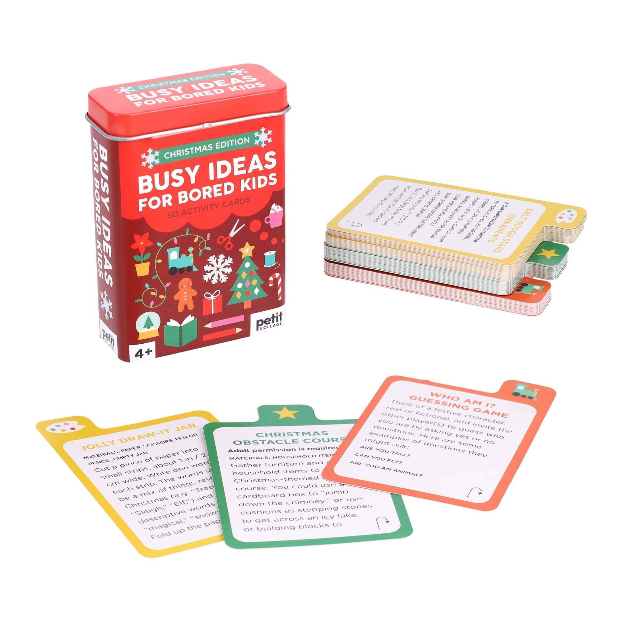 Busy Ideas for Bored Kids: Christmas Edition tin with screen-free holiday activity cards for kids.
