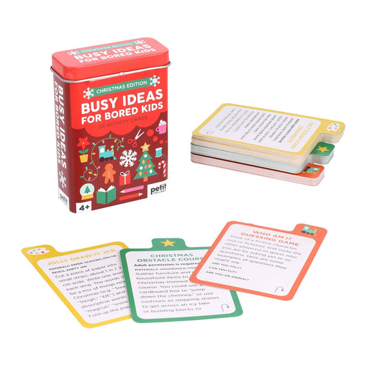 Busy Ideas for Bored Kids: Christmas Edition tin with screen-free holiday activity cards for kids.