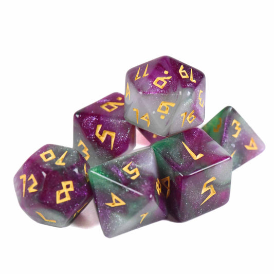 Quest for Lore 7-dice DND set with purple, green, and white swirls and gold numbers.