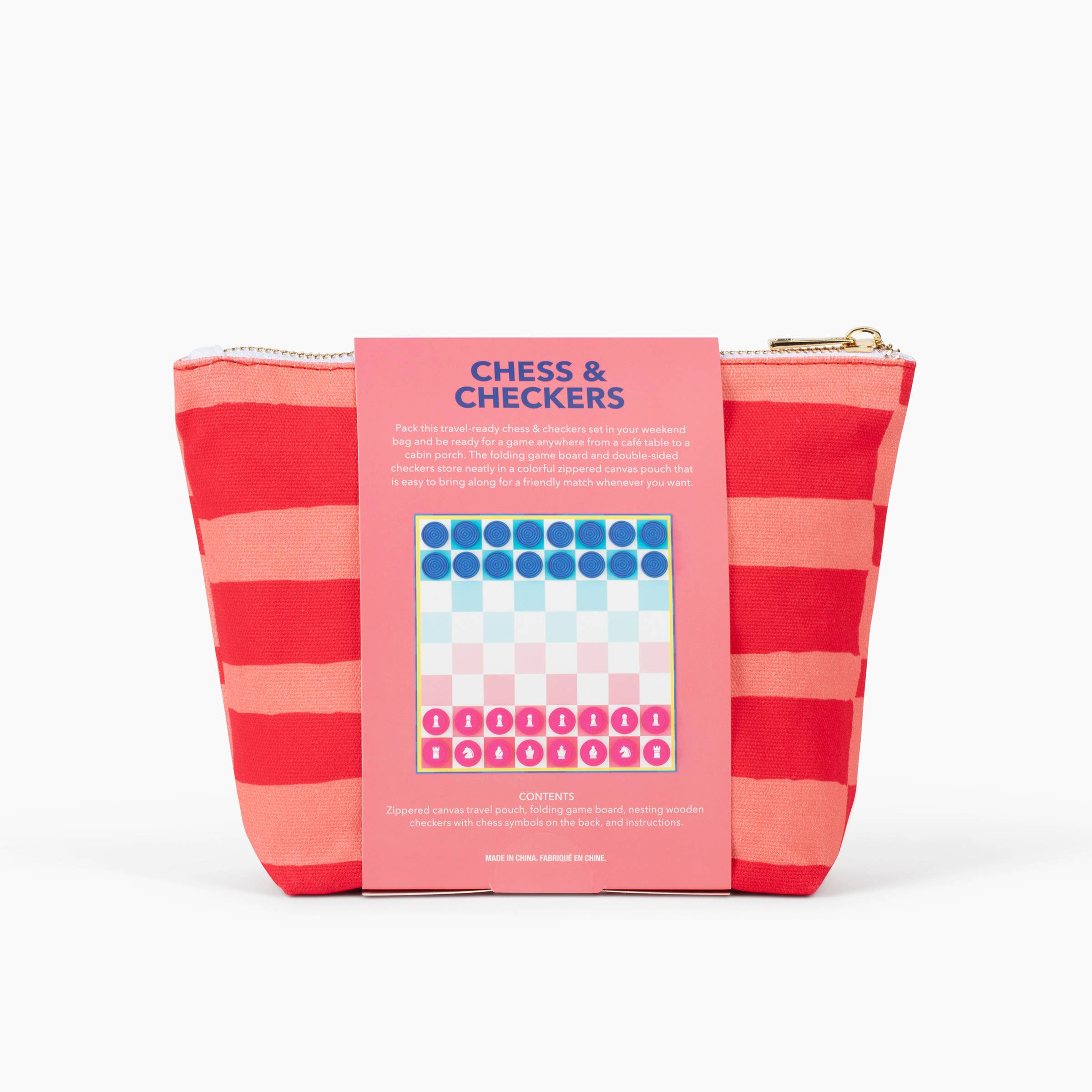 Red and pink striped zip pouch labeled Canvas Classics Chess & Checkers.