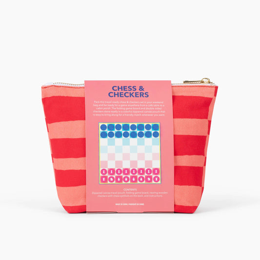 Red and pink striped zip pouch labeled Canvas Classics Chess & Checkers.