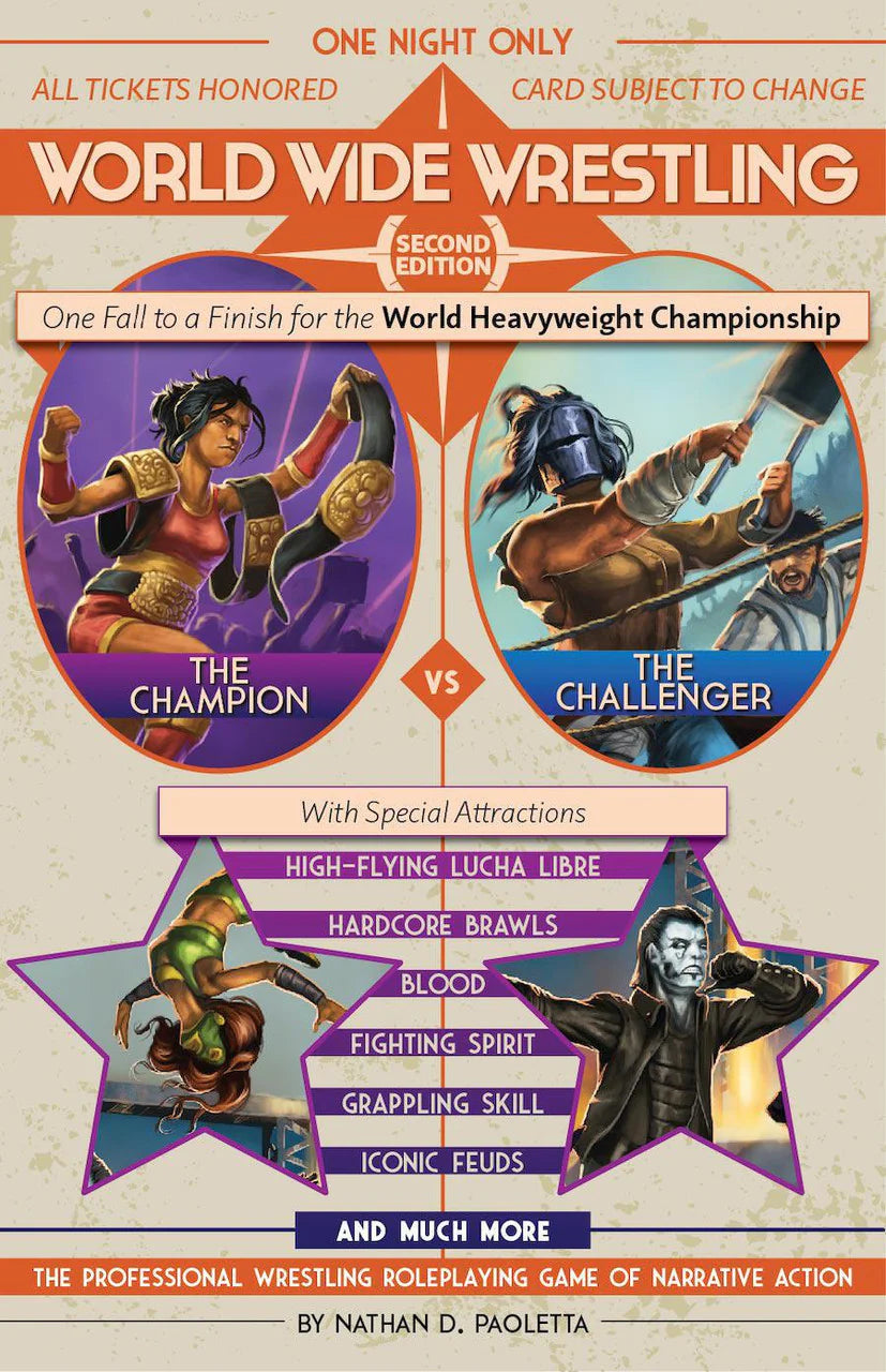 Move Cards for World Wide Wrestling: Second Edition, graphic novel–style cards listing key moves and details.